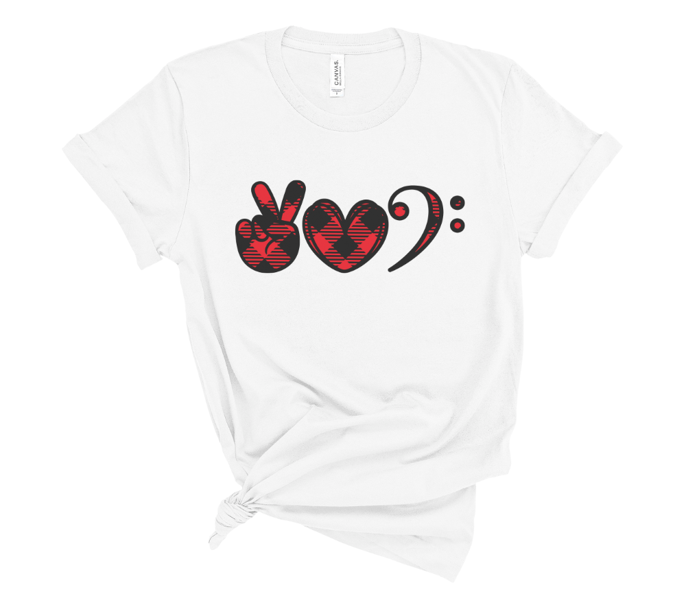 Peace Love Bass Clef Buffalo Plaid Unisex T-Shirt